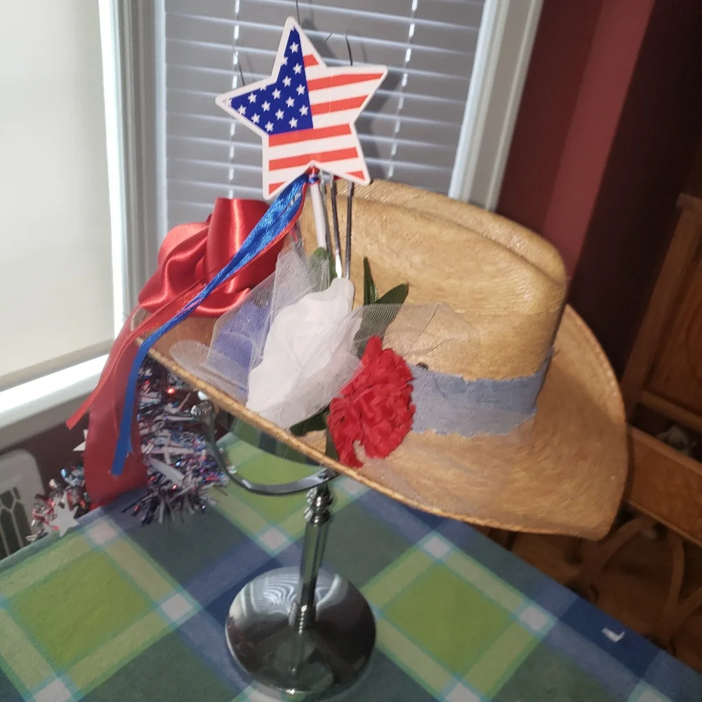 Patriotic Straw Party Hat with Star Decoration